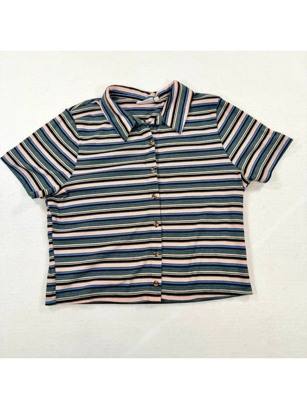 SO Striped Ribbed Button Front Collared Crop Top 90s Y2K